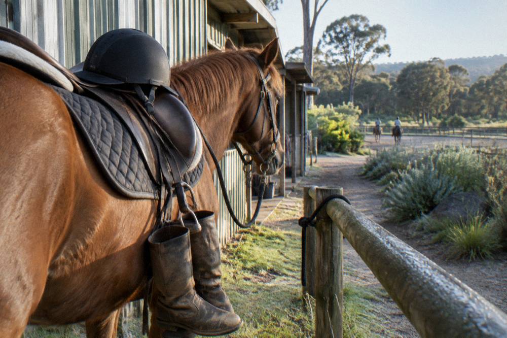 A horse equipped with a safety helmet and riding boots hanging from the saddle, ready for a trail ride.