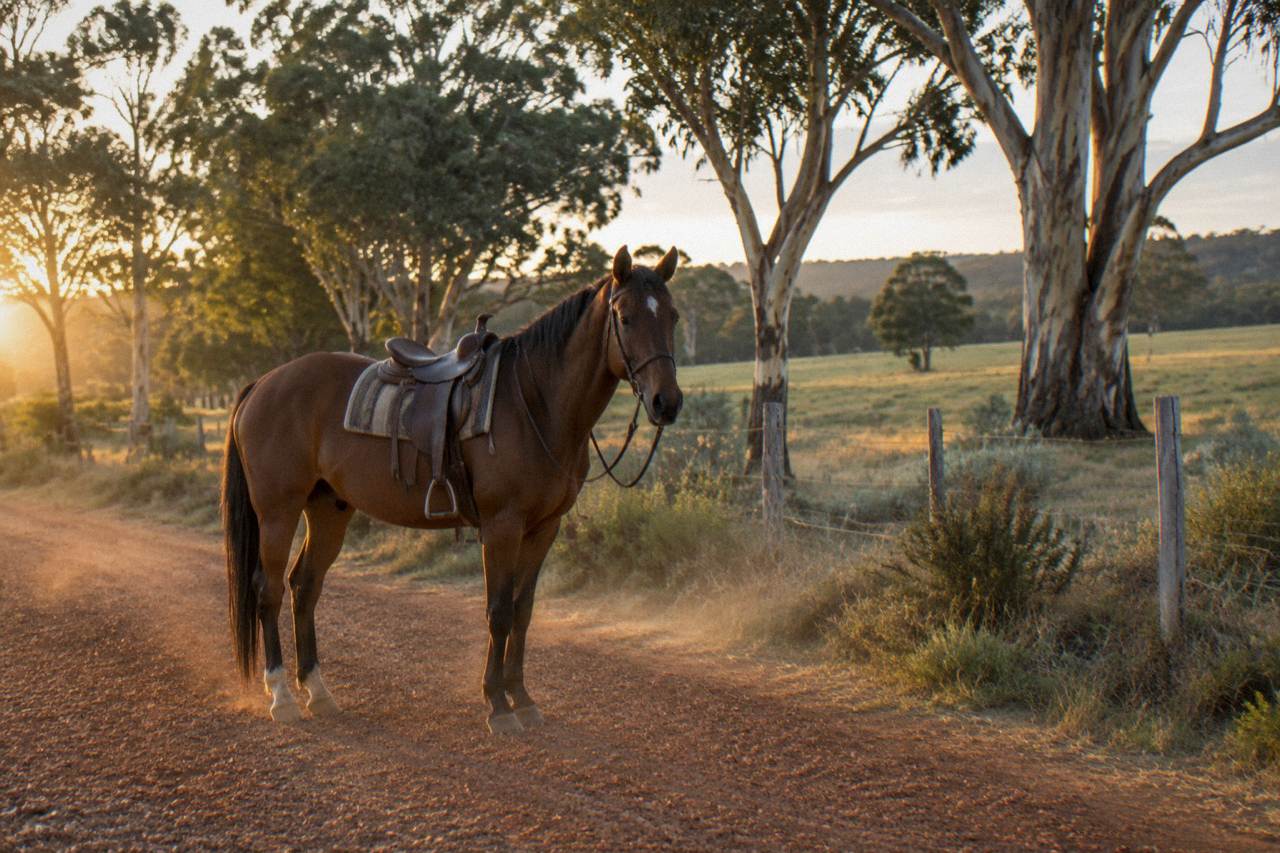 A saddled horse standing quietly on a bush track beside open farmland in the Margaret River countryside.