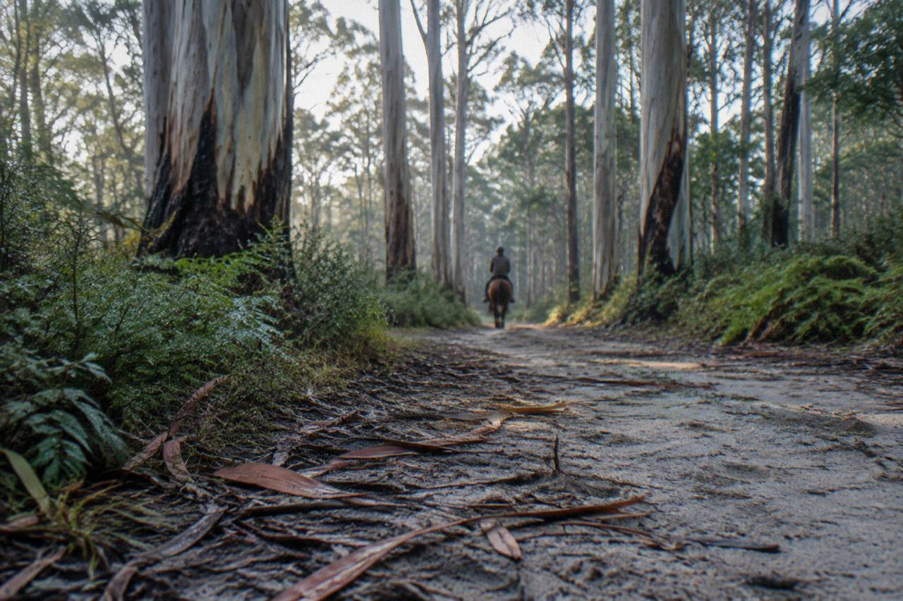 Forest trail with tall karri trees and a sandy riding track winding between them