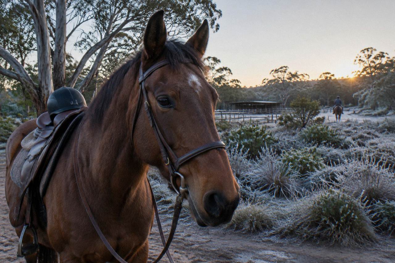 A calm bay horse standing in Margaret River bushland with a riding helmet resting on the saddle