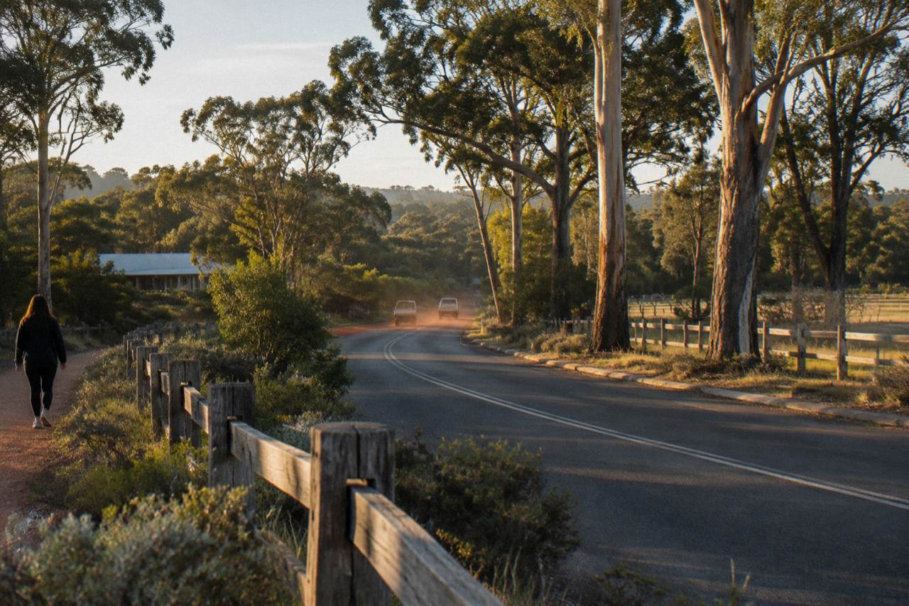 A quiet country road winding through farmland and tall trees in the Margaret River region