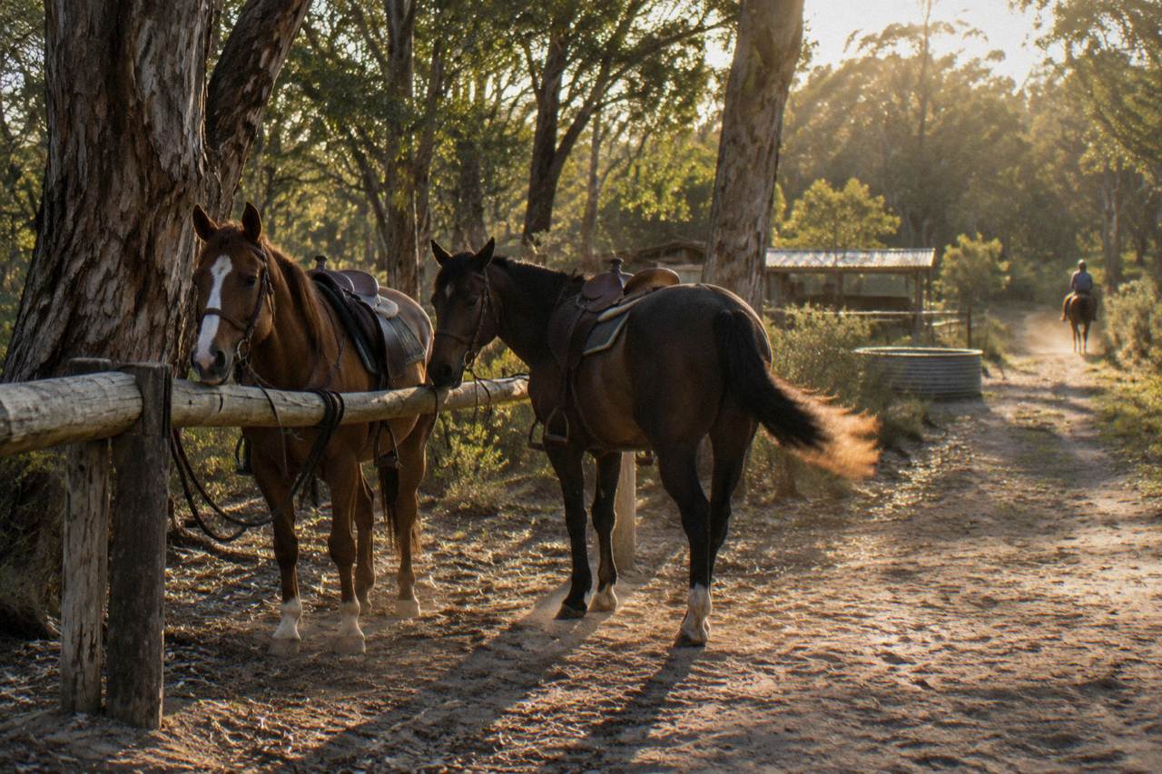 Saddled horses standing quietly on a bush trail near Rosa Brook