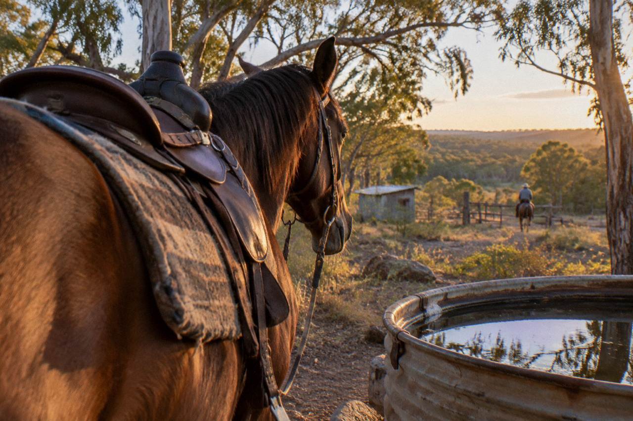 A calm horse standing in Margaret River bushland with a saddle resting on its back