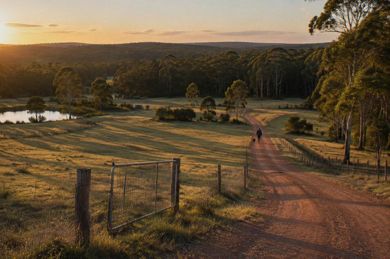 Forest edged farmland with a gravel lane winding toward tall trees in the south west of Western Australia