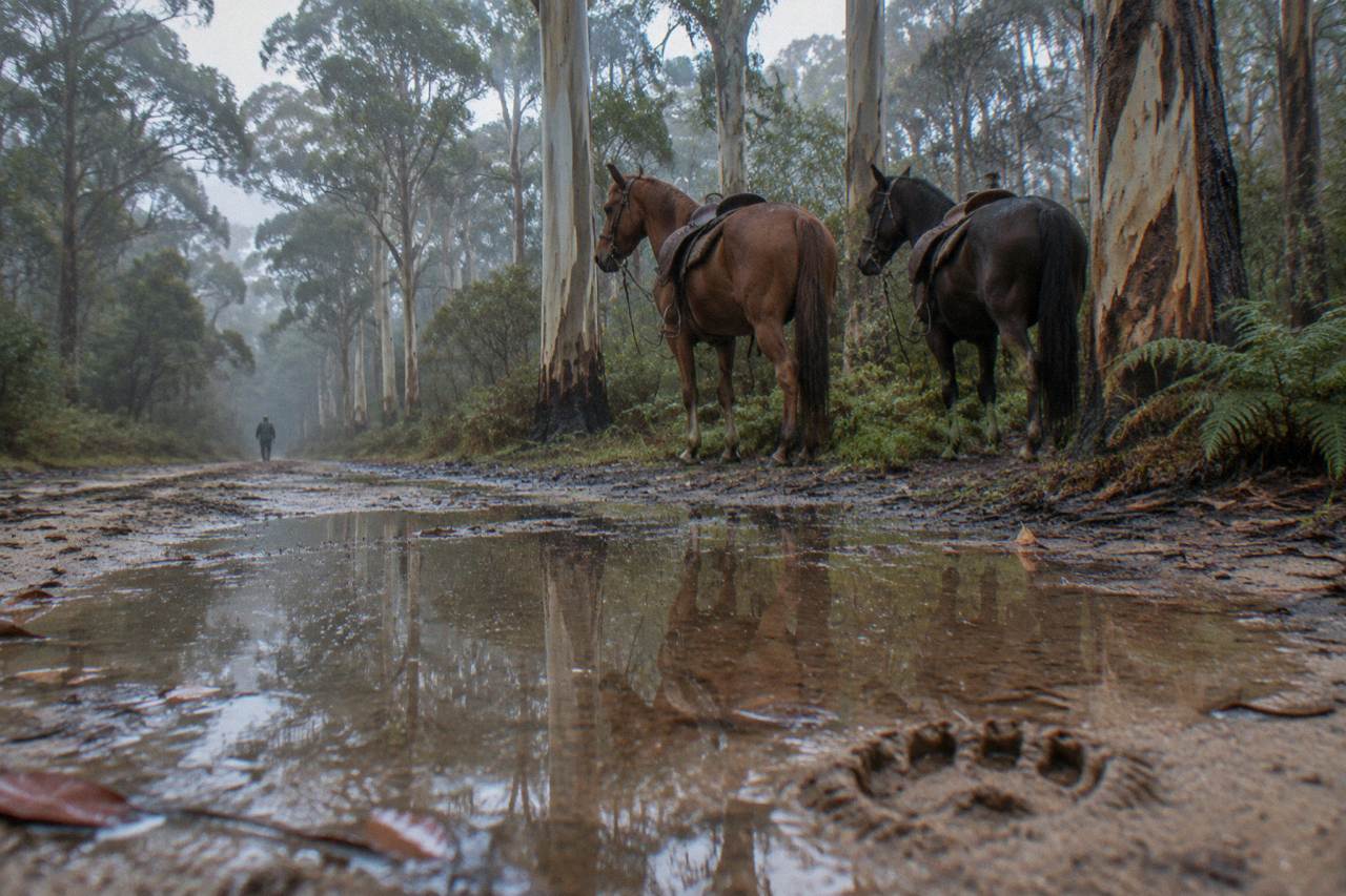 Horses standing on a bush track beside tall karri trees in soft morning light