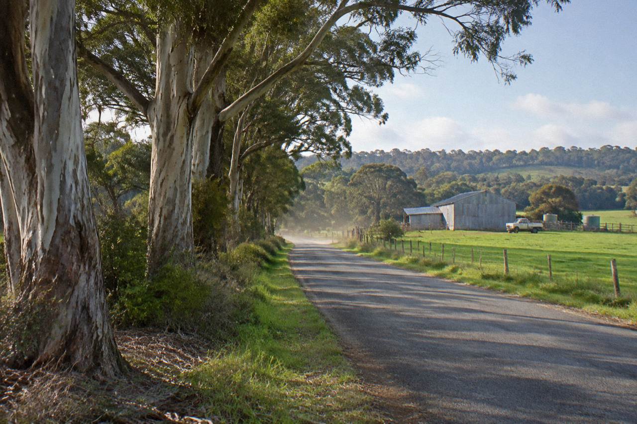 A quiet road lined with tall trees curving through green farmland in the South West of Western Australia