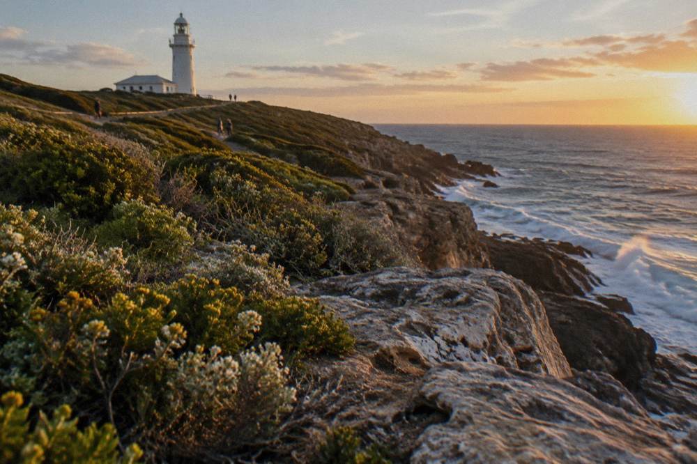 Coastal heath and limestone cliffs along a cape shoreline