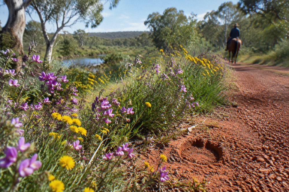 Purple and yellow wildflowers blooming along the edge of a bush trail in spring