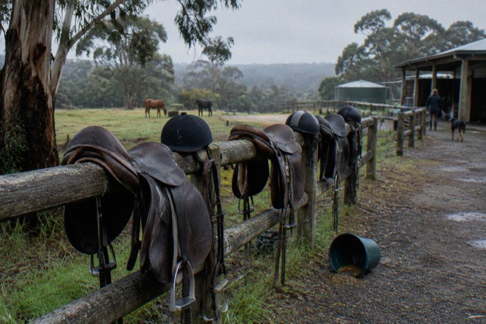 Saddles and riding helmets arranged on a rustic wooden rail at a farm yard
