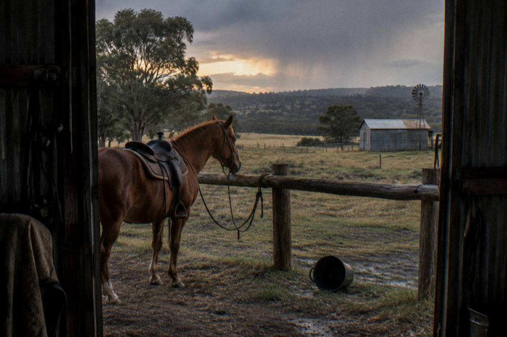 A saddled chestnut horse tied at a rustic rail fence beside a farm shed