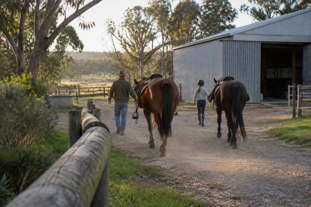 Family walking two saddled horses back toward a rustic farm stable at day's end