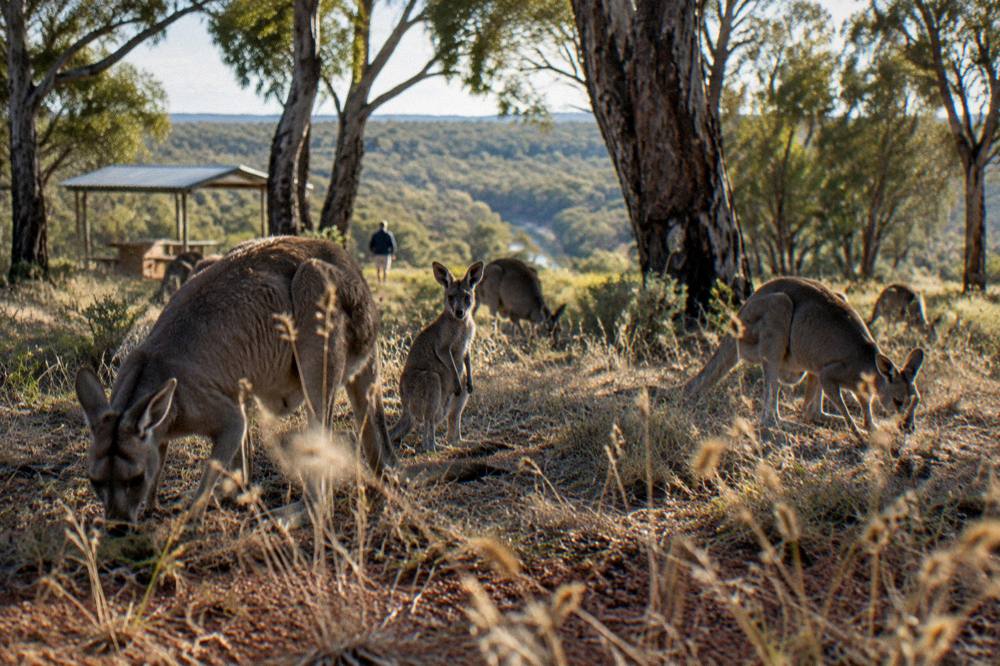 Kangaroos grazing in dappled light among native shrubs and wildflowers