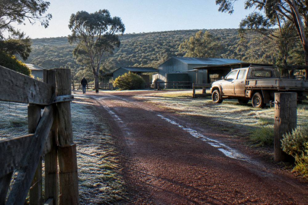 Farm gate and gravel driveway leading to a riding property with bush hills behind