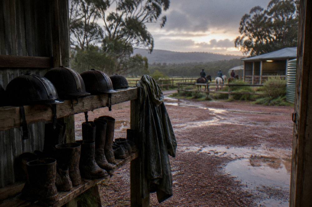 Riding helmets and boots arranged on a fence rail at a farm property